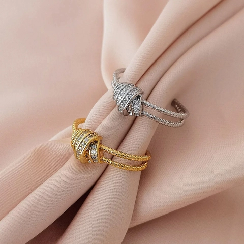 Layered Twisted Rope Knot Open Ring Copper Inlaid Zircon Adjustable Minimalist Elegant Jewelry For Women