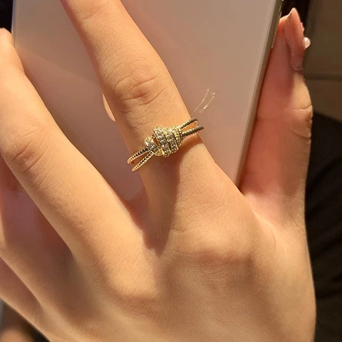 Layered Twisted Rope Knot Open Ring Copper Inlaid Zircon Adjustable Minimalist Elegant Jewelry For Women