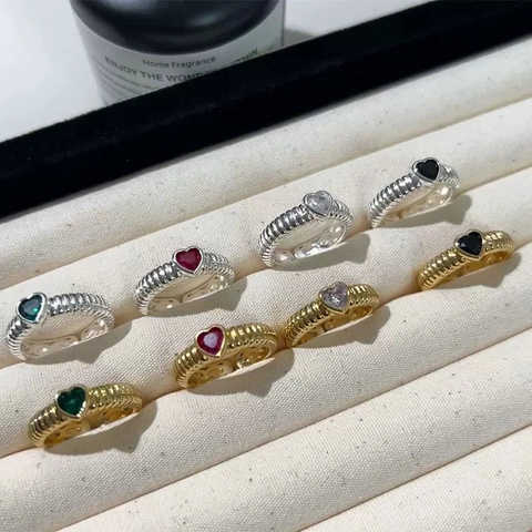 Anillo Aperto Cuore Zircone Rame Texture Croissant Nervata Vintage Francese Regolabile Minimalista Gioielli Da Dito Donne