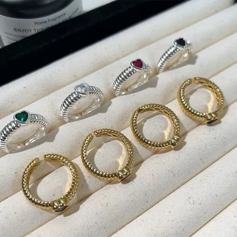Anillo Aperto Cuore Zircone Rame Texture Croissant Nervata Vintage Francese Regolabile Minimalista Gioielli Da Dito Donne