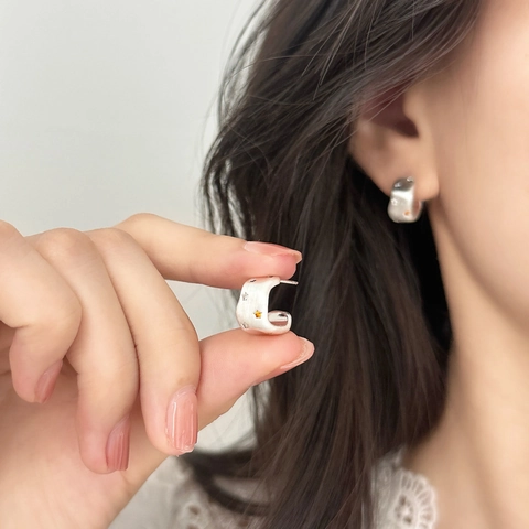 C Shape Stud Earrings Brushed Copper Colorful Star Zircon Geometric Chic Jewelry For Women With Silver Earring Post
