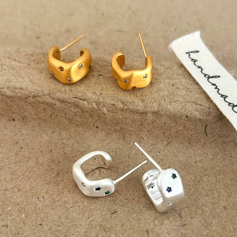 C Shape Stud Earrings Brushed Copper Colorful Star Zircon Geometric Chic Jewelry For Women With Silver Earring Post