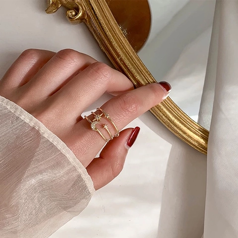Triple Layer Copper Ring With Zircon Star And Moon Adjustable Open Band Fashion Jewelry For Women