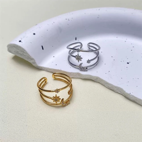 Triple Layer Copper Ring With Zircon Star And Moon Adjustable Open Band Fashion Jewelry For Women