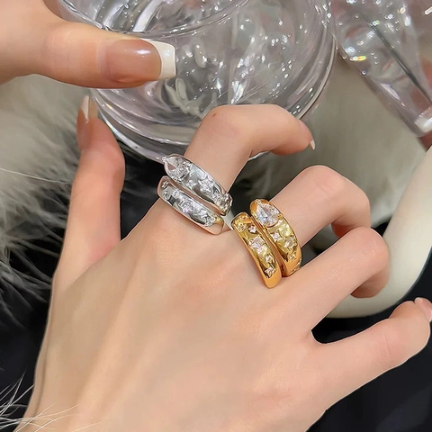 Double Layer Star Ring Copper Zirconia Pear Cut Adjustable Finger Jewelry Vintage Style Women Elegant