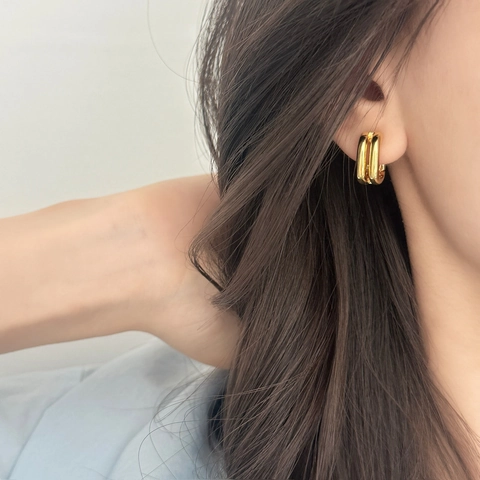 Double Layer Geometric Square Hoop Earrings Minimalist Gold Plated Copper Jewelry For Women Trendy Commuter Style