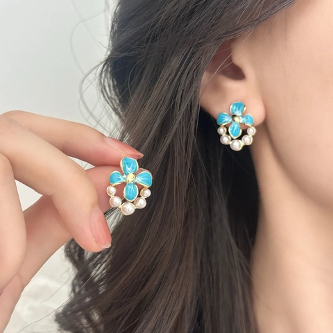 Blue Enamel Flower Stud Earrings With Artificial Pearl Decor Copper Post Vintage Elegant Floral Jewelry For Women