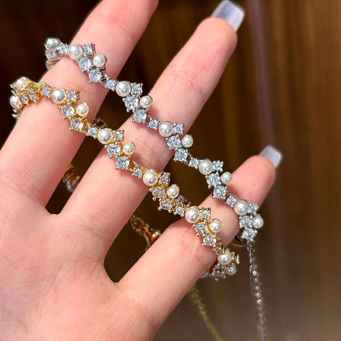 Pulsera De Cobre Con Ondas Irregulares Con Perlas Artificiales De Imitación Y Zirconia Joyería Elegante Ajustable Para Mujer