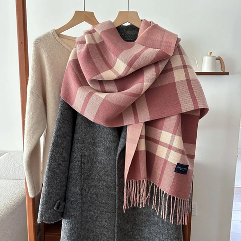 Vintage Plaid Winter Scarf For Women Polyester Imitation Cashmere Thick Warm Wrap With Tassels Soft Commuter Pashmina Shawl