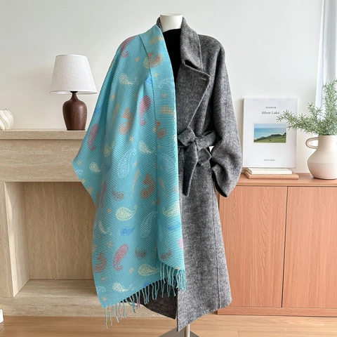 Paisley Printed Pleated Scarf Polyester Imitation Cashmere Plisse Texture Long Shawl Wrap With Tassels Bohemian Vintage