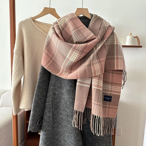 Écharpe À Carreaux Plaid Avec Franges Chaud Épais Imitation Cachemire Polyester Color Block Long Châle Unisexe Hiver