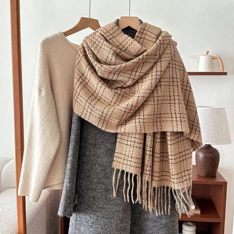 Checkered Plaid Scarf Polyester Warm Winter Tassel Shawl Wrap Retro Soft Cozy Thick Neckwear For Women Elegant