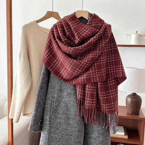 Checkered Plaid Scarf Polyester Warm Winter Tassel Shawl Wrap Retro Soft Cozy Thick Neckwear For Women Elegant