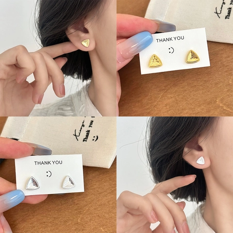 Geometric Triangle Stud Earrings Copper With 18K Gold Plating Minimalist Honeycomb Texture Milgrain Edge Jewelry For Women