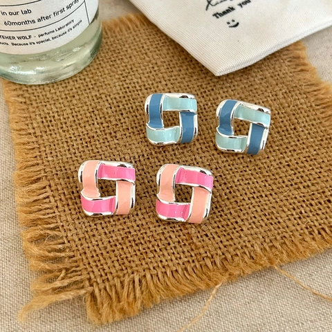Geometric Interlocking Square Stud Earrings For Women Chic Enamel Copper With 925 Sterling Silver Earring Post