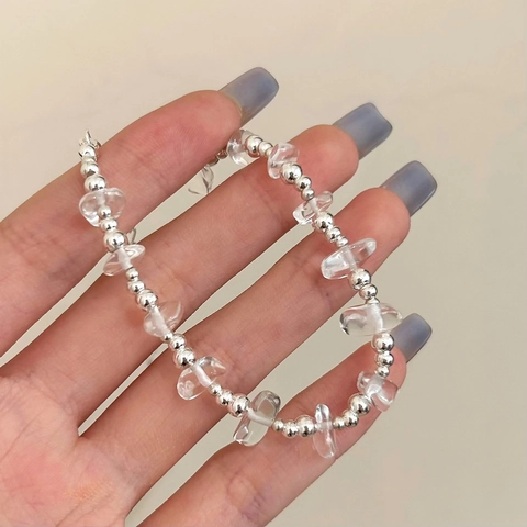 Bracciale Minimalista In Pietra Di Cristallo Bianco Irregolare Con Perline In Rame Placcato Argento Catena Di Estensione Regolabile