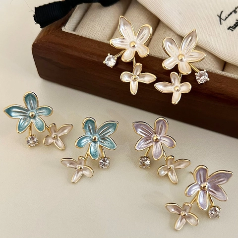 Pendientes De Botón De Flor Romántica Francesa Esmalte Circón Cobre Chapado En Oro De 14K Joyería Floral Elegante Para Mujer