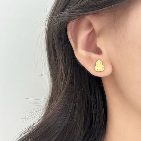 Retro Gourd Stud Earrings With Copper Earring Post 18K Gold Plated Hammered Texture Lucky Symbol For Women