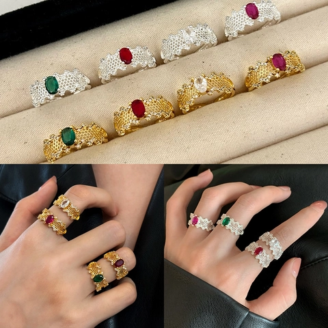 Anillo Ajustable Abierto Cobre Con Circonita Cúbica Ovalada Diseño Hueco Nido Abeja Encaje Joyería Retro Mujeres