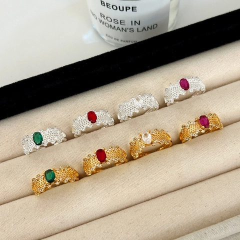 Anillo Ajustable Abierto Cobre Con Circonita Cúbica Ovalada Diseño Hueco Nido Abeja Encaje Joyería Retro Mujeres