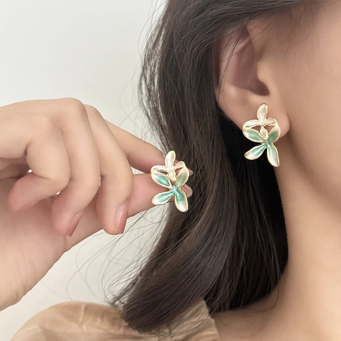Boucles D'oreilles Fleurs Cuivre Émail Couleur Contrastée Dégradé Chic Bijoux Avec Copper Earring Post Pour Femmes