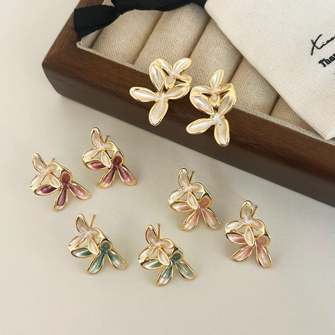 Boucles D'oreilles Fleurs Cuivre Émail Couleur Contrastée Dégradé Chic Bijoux Avec Copper Earring Post Pour Femmes
