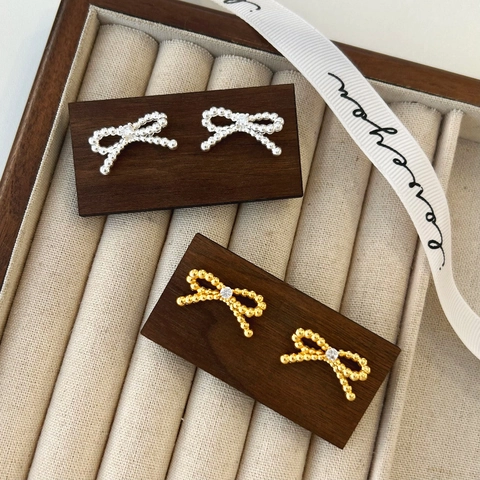 Bowknot Stud Earrings Copper With Cubic Zirconia Beaded Texture And 925 Sterling Silver Earring Post For Women