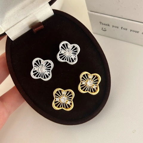 Hollow Flower Stud Earrings With 925 Sterling Silver Earring Post Zircon Vintage French Style Elegant Jewelry For Women