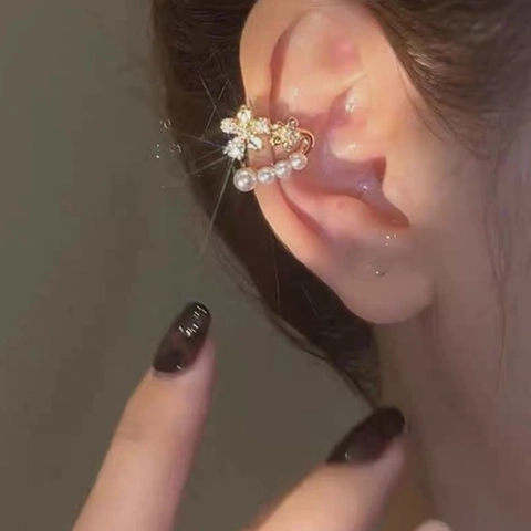 Blumen Künstliche Perlen Ohrmanschette Legierung Zirkon Inlay Ohne Piercing Schmuck Für Damen Eleganter Blumenstil