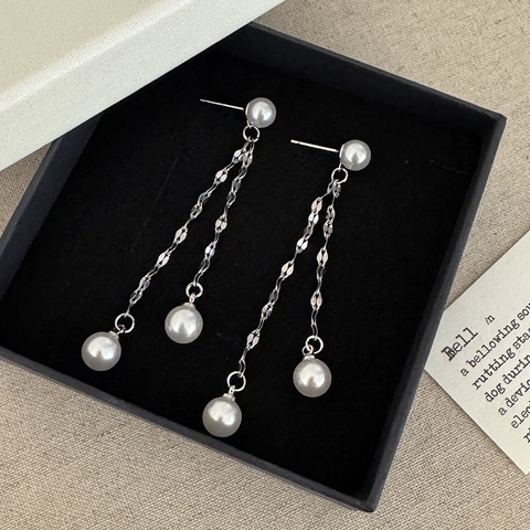 Long Tassel Faux Artificial Pearl Drop Earrings For Women Elegant Geometric Copper Jewelry With Silver Earring Post Minimalist