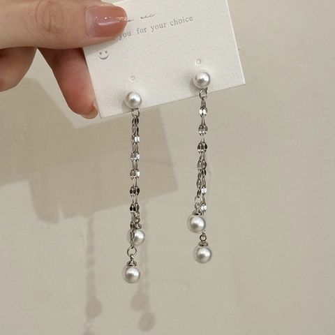 Long Tassel Faux Artificial Pearl Drop Earrings For Women Elegant Geometric Copper Jewelry With Silver Earring Post Minimalist