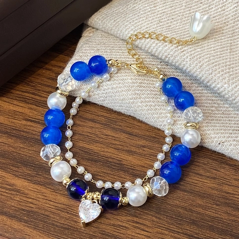 Double Layer Beaded Bracelet Heart Zircon Pendant Copper Jewelry With Imitation Artificial Pearls And Glass Beads Flower Charm For Women