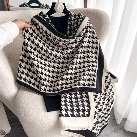 Houndstooth Pattern Scarf Winter Thickened Warm Imitation Cashmere Polyester Shawl Wrap With Tassels Classic For Women