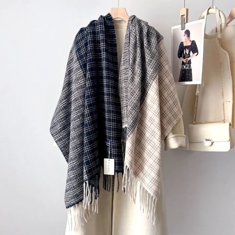 Women Vintage Plaid Scarf Thick Warm Double Sided Ripple Shawl With Tassels Soft Elegant Neck Warmer For Winter Cold Weather Wrap