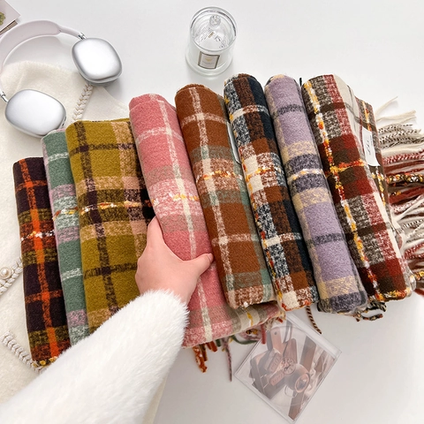 Vintage Plaid Scarf For Women Imitation Cashmere Tassel Warm Winter Shawl Wrap Maillard Color Grid Oversized Scarf Gift