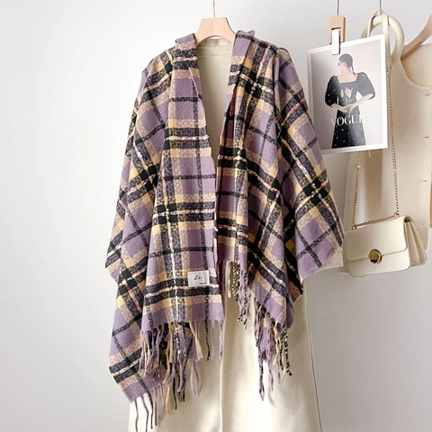 Vintage Plaid Scarf For Women Imitation Cashmere Tassel Warm Winter Shawl Wrap Maillard Color Grid Oversized Scarf Gift