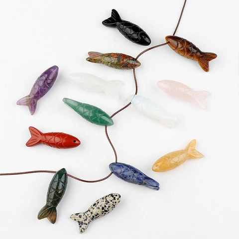 Natural Gemstone Fish Carving Pendant Amethyst Tiger Eye Rose Quartz Animal Shape Jewelry Making Pendant Only (Without Chain)