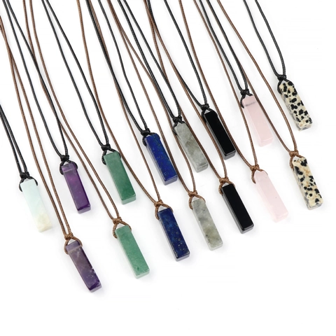 Naturstein Anhänger Halskette Rechteckige Säule Amethyst Rosenquarz Kristall Prisma Gewebte Kordel Minimalistischer Schmuck