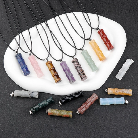 Bamboe Gezamenlijke Hanger Ketting Gesneden Natuursteen Helende Kristal Vintage Stijl Sieraden Spiritueel Cadeau Voor Dames Heren
