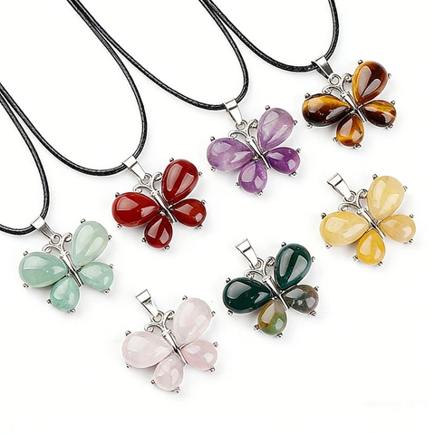 Natural Stone Butterfly Pendant Necklace Amethyst Agate Tiger Eye Quartz Inlaid Alloy Jewelry For Women Party Daily Gift