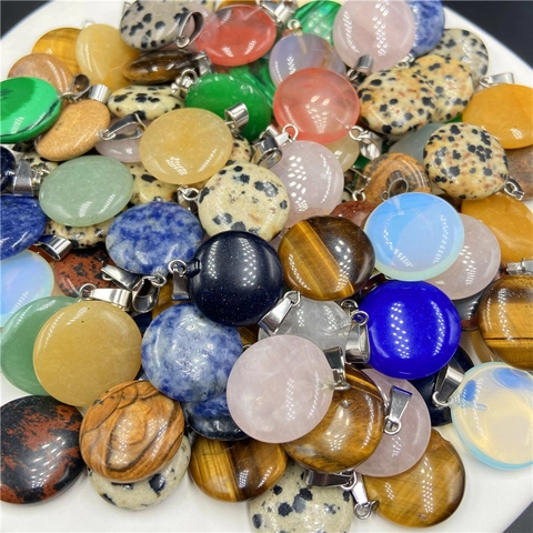 Polished Round Disc Pendant Natural Gemstone Crystal Quartz Agate DIY Necklace Making Accessories With Alloy Clasp