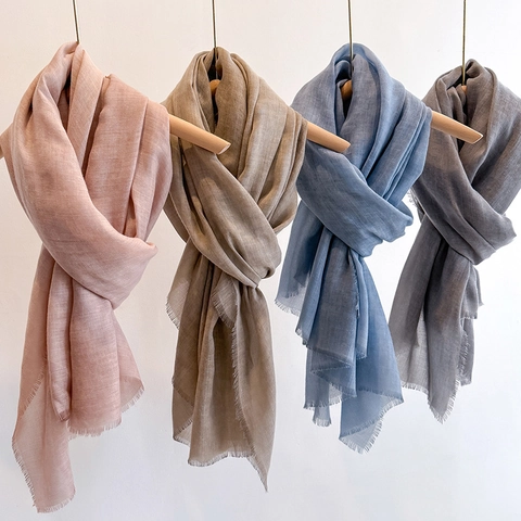 Women Solid Color Scarf Lightweight Short Tassel Shawl Wrap Polyester Thin Breathable Fashion Spring Autumn Neck Wrap