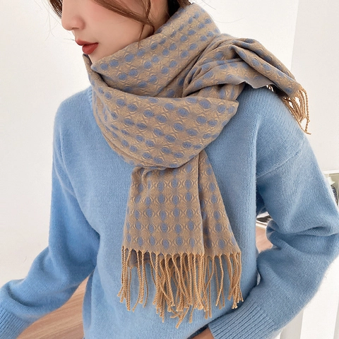 Korean Style Faux Cashmere Winter Scarf For Women Thickened Warm Four-Leaf Clover Tassel Shawl Double Sided Long Wrap