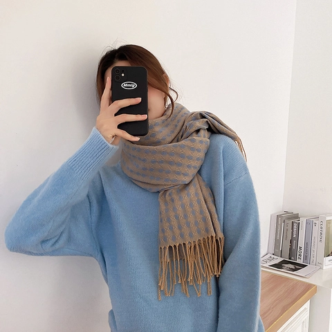 Korean Style Faux Cashmere Winter Scarf For Women Thickened Warm Four-Leaf Clover Tassel Shawl Double Sided Long Wrap