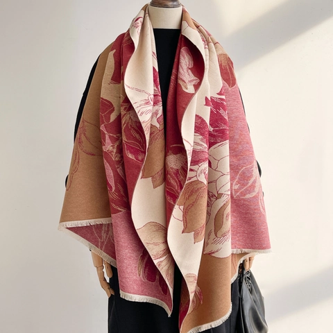 Sciarpa in Imitazione Cashmere Jacquard Floreale Vintage Scialle Caldo Spesso Doppia Faccia Con Nappe Accessori Donna Inverno