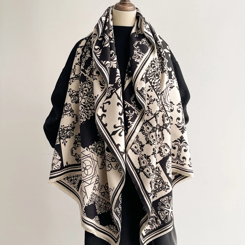 Écharpe Jacquard Florale Baroque Vintage pour Femmes Châle d'Hiver Chaud à Glands Motif Géométrique Polyester Mode Foulard