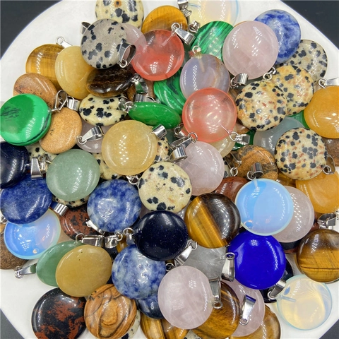 Polished Round Disc Pendant Natural Gemstone Crystal Quartz Agate DIY Necklace Making Accessories With Alloy Clasp