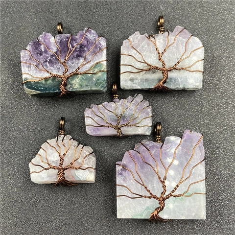 Natural Amethyst Tree Of Life Wire Wrapped Pendant Retro Handmade Healing Crystal Stone Jewelry Bohemian Necklaces