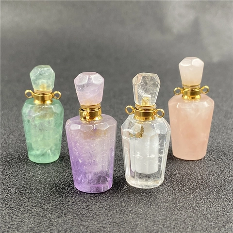 Heart Shaped Natural Crystal Amethyst Rose Quartz Perfume Bottle Pendant Essential Oil Diffuser Necklace Jewelry