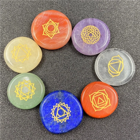 Pierres De Guérison Chakra En Pierre Naturelle Symboles Dorés Gravés Cristaux De Paume Ronds Plats Pour Méditation Yoga